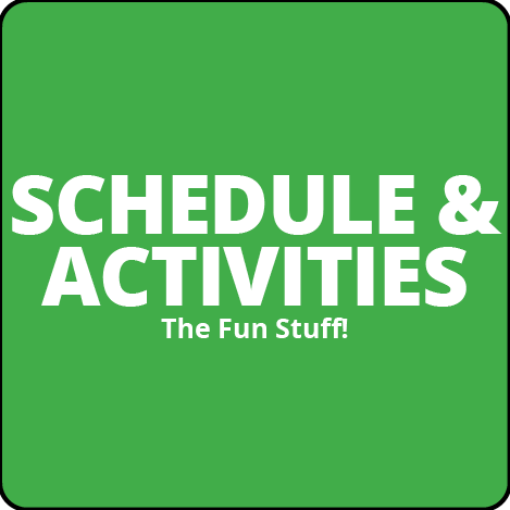 A green square with the words `` schedule & activities '' on it.