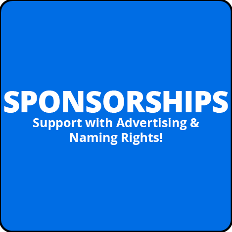 A blue sign that says sponsorships support with advertising and naming rights
