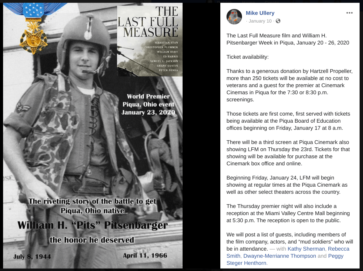 A man in a helmet is standing next to a poster that says `` the last full measure ''.