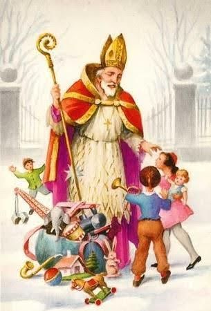 A painting of a man with a cane surrounded by children and toys