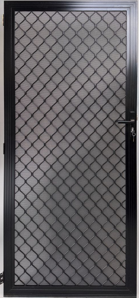 Black metal security screen door with a diamond-patterned mesh — Everything Screendoors & More In Wollongong, NSW