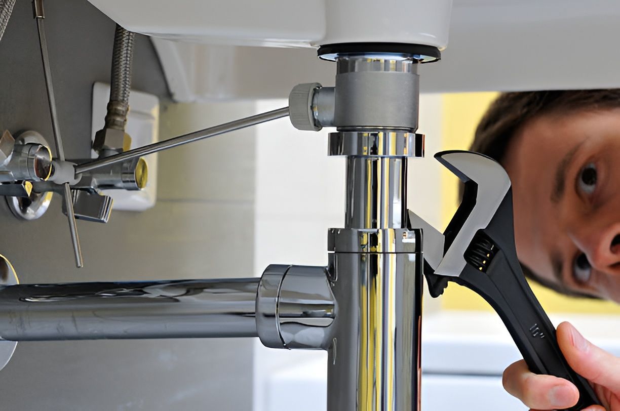 Plumber Using a Wrench to Tighten a Pipe Under a Sink — JLH Plumbing, Gas & Roofing in South Nowra, NSW