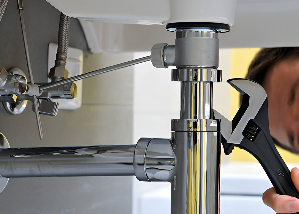 Plumber using a wrench to tighten a pipe under a white sink — JLH Plumbing, Gas & Roofing in South Nowra, NSW