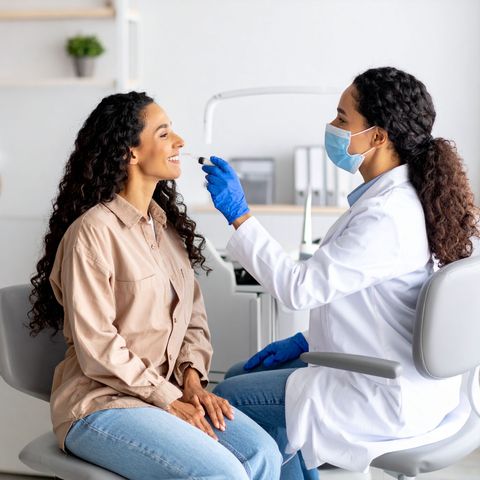 A doctor in a lab coat takes a swab from a smiling patient's mouth in a medical office.
