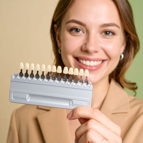 Woman holding a dental shade guide, smiling, showing off teeth, neutral background.