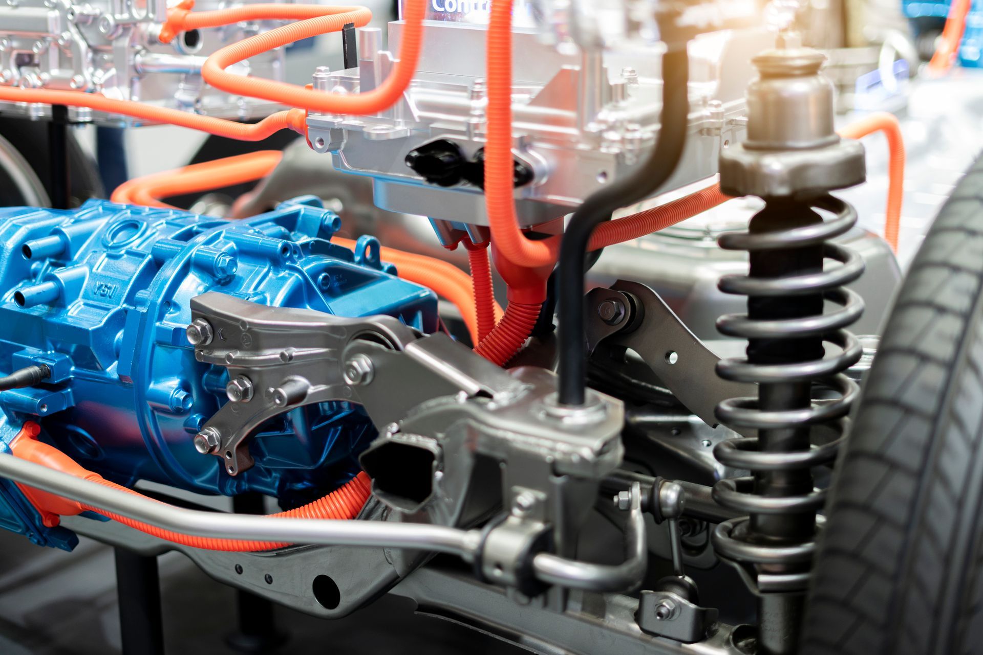 A close up of the underside of an electric car.