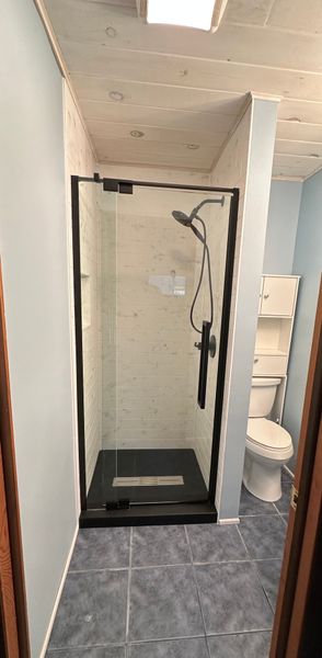 A bathroom with a walk in shower and a toilet.