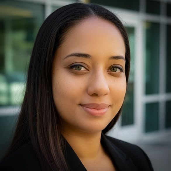 Woman with long dark hair, wearing a black blazer, smiles in front of a building.