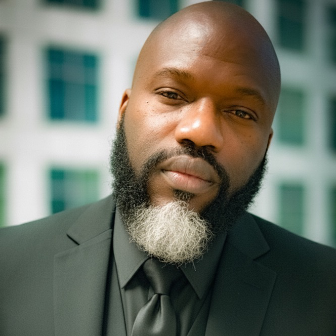 Bald person with salt-and-pepper beard, wearing a black suit and tie, looking towards the camera.