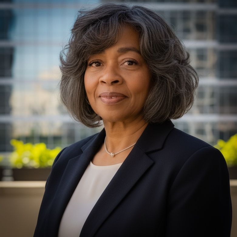 Woman in a blazer and white blouse, smiling outdoors in front of a building.