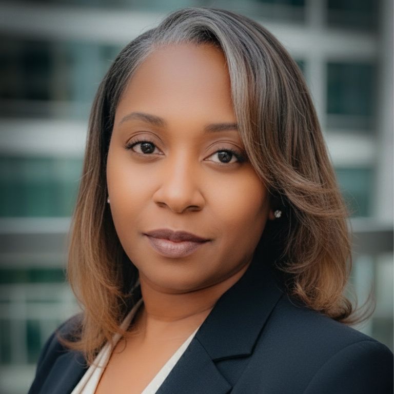 Woman with shoulder-length brown hair wearing a dark blazer, looking directly at the camera in an outdoor setting.