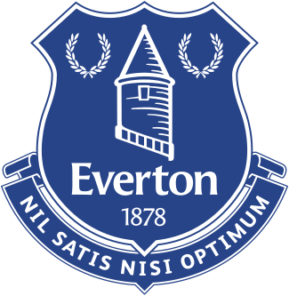 A blue shield with the word everton on it