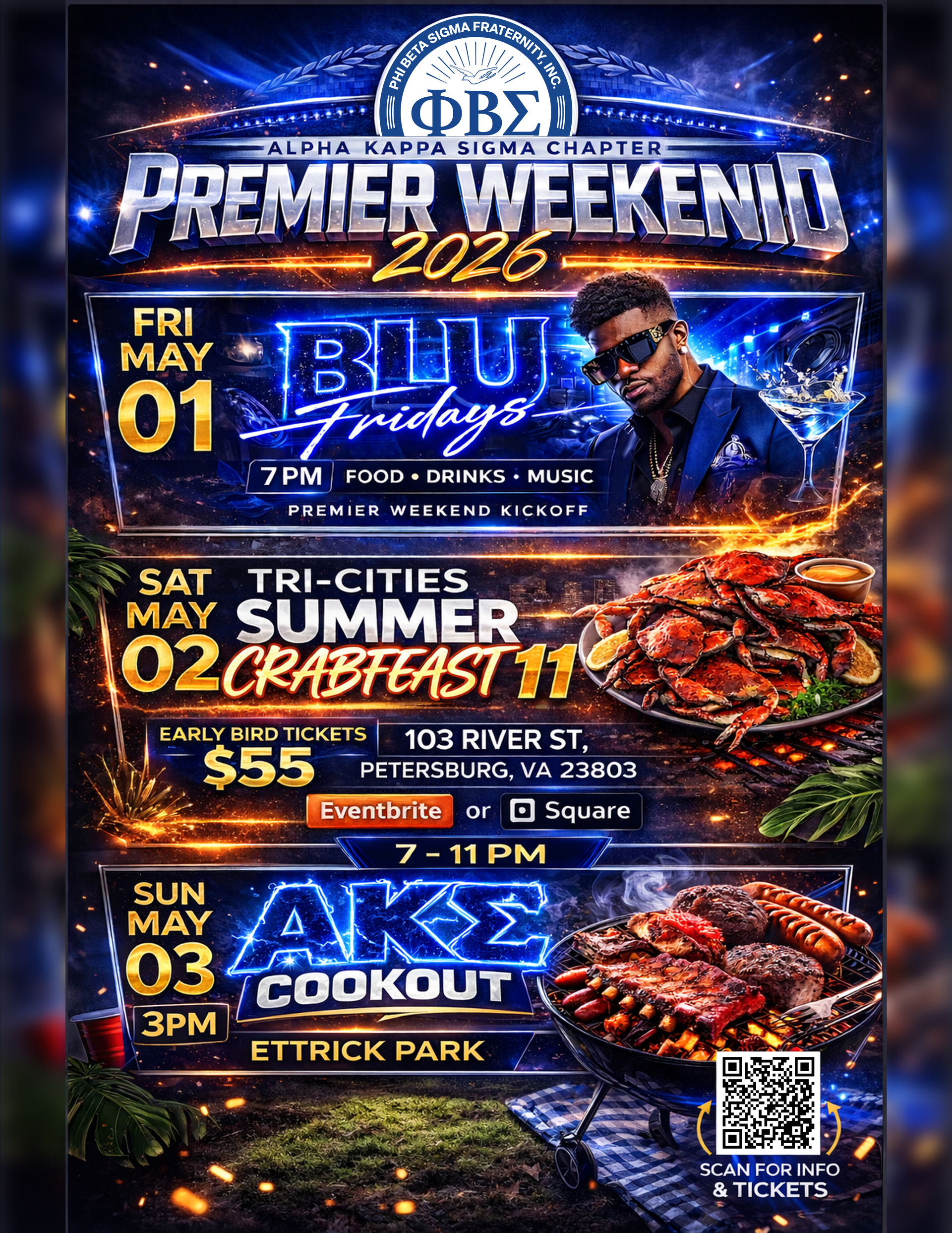 Crabfeast event poster: May 2, 2026, Tri-Cities Summer Crabfeast 11, early bird tickets $55. Location: Petersburg, VA.