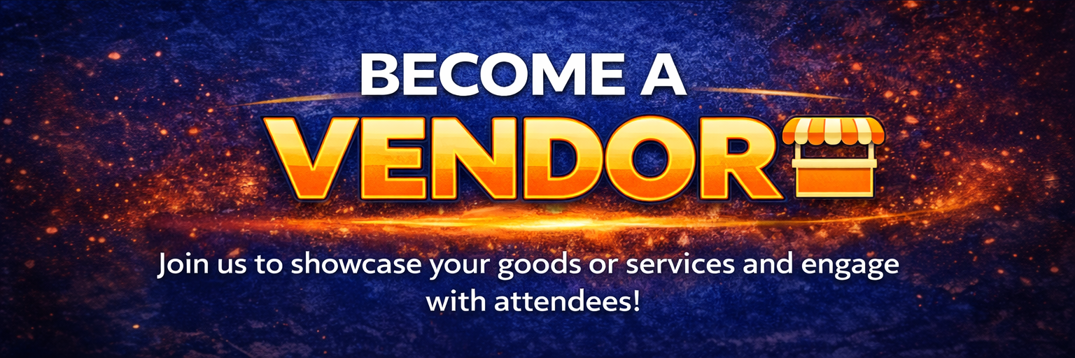 Banner with “BECOME A VENDOR” text, marketplace icon, and invitation to showcase goods/services.