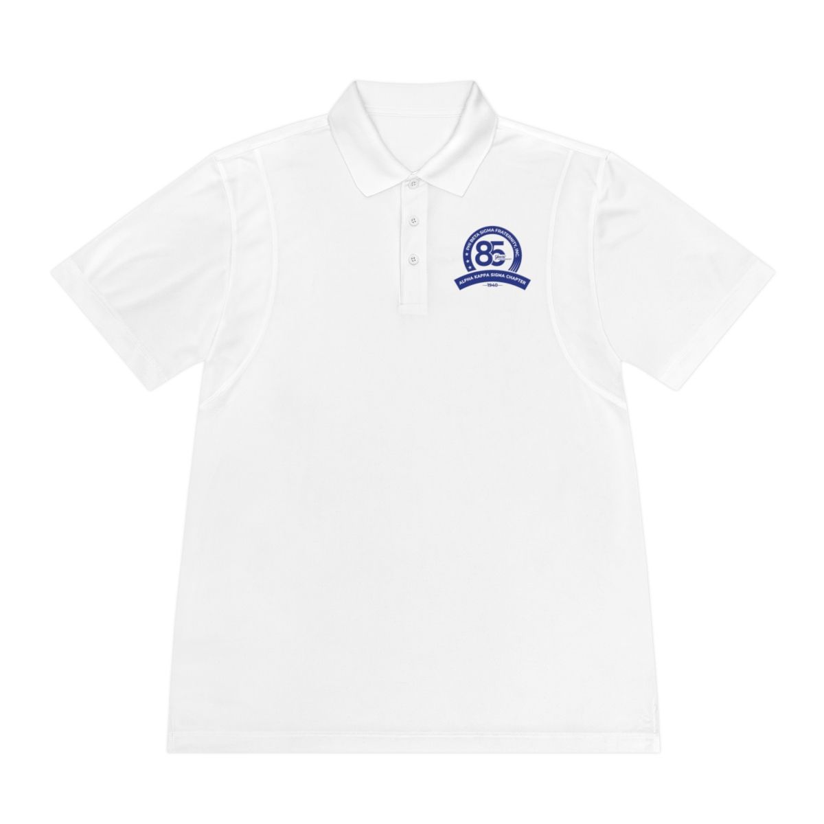 White polo shirt with a blue embroidered crest on the chest.