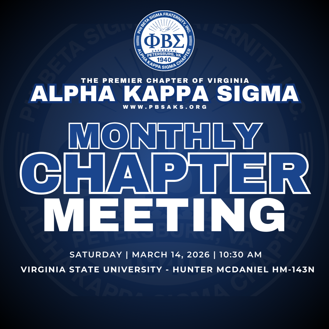 Blue event flyer for Phi Beta Sigma Alpha Kappa Sigma chapter meeting on March 14, 2026, at Virginia State University.