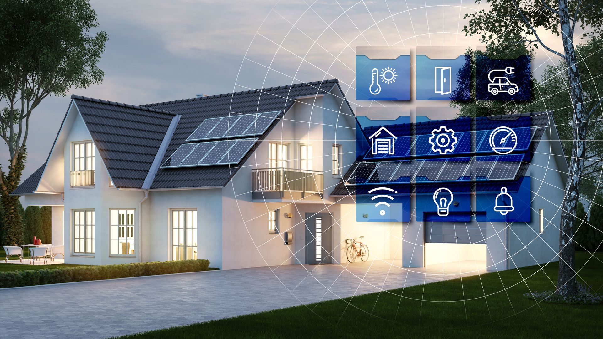 Ein weißes Haus mit Solarpaneelen, Smart-Home-Symbolen und verbundenen Leitungen.