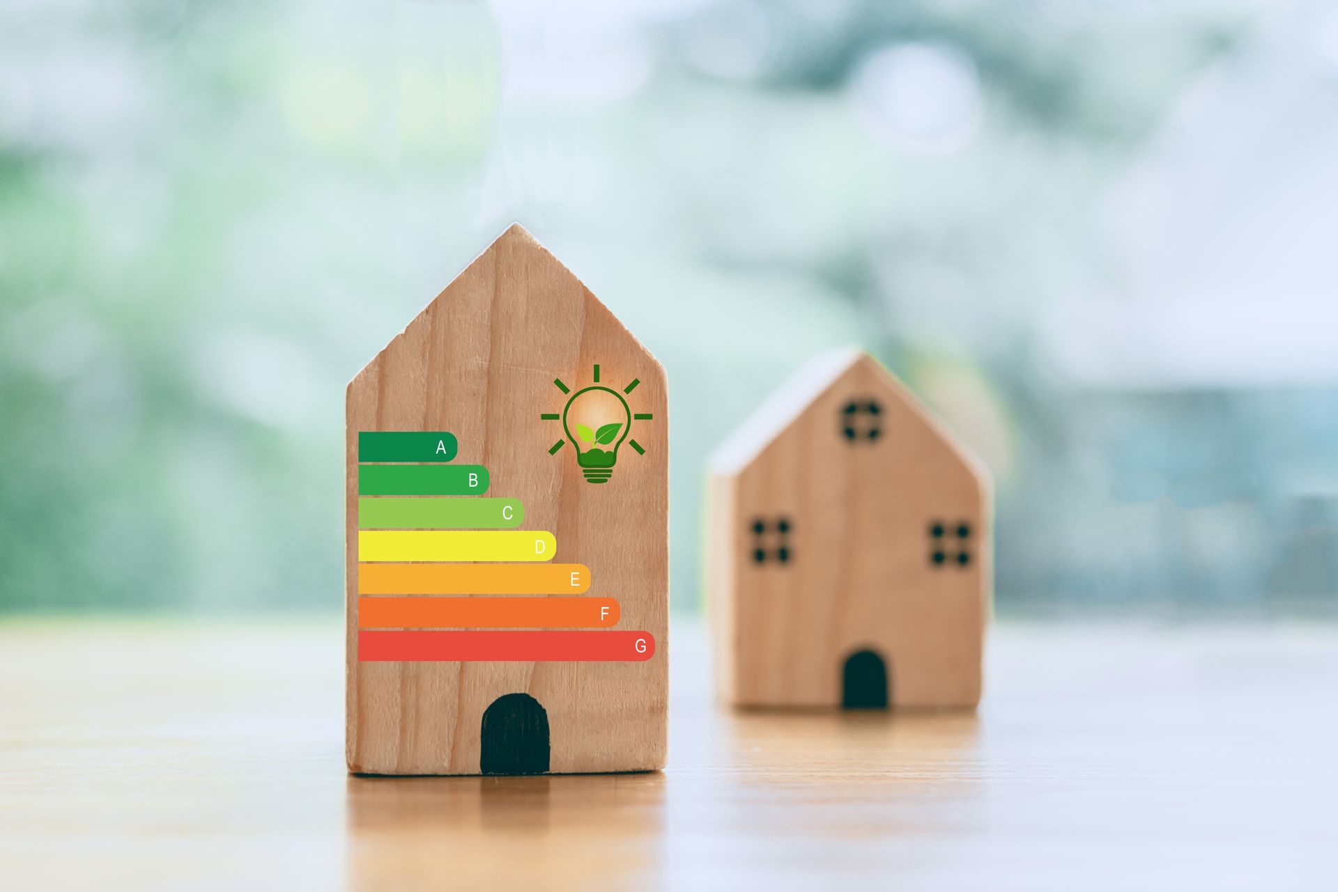 Zwei Personen, die passende grüne Hemden tragen, studieren Baupläne auf einer Holzoberfläche.