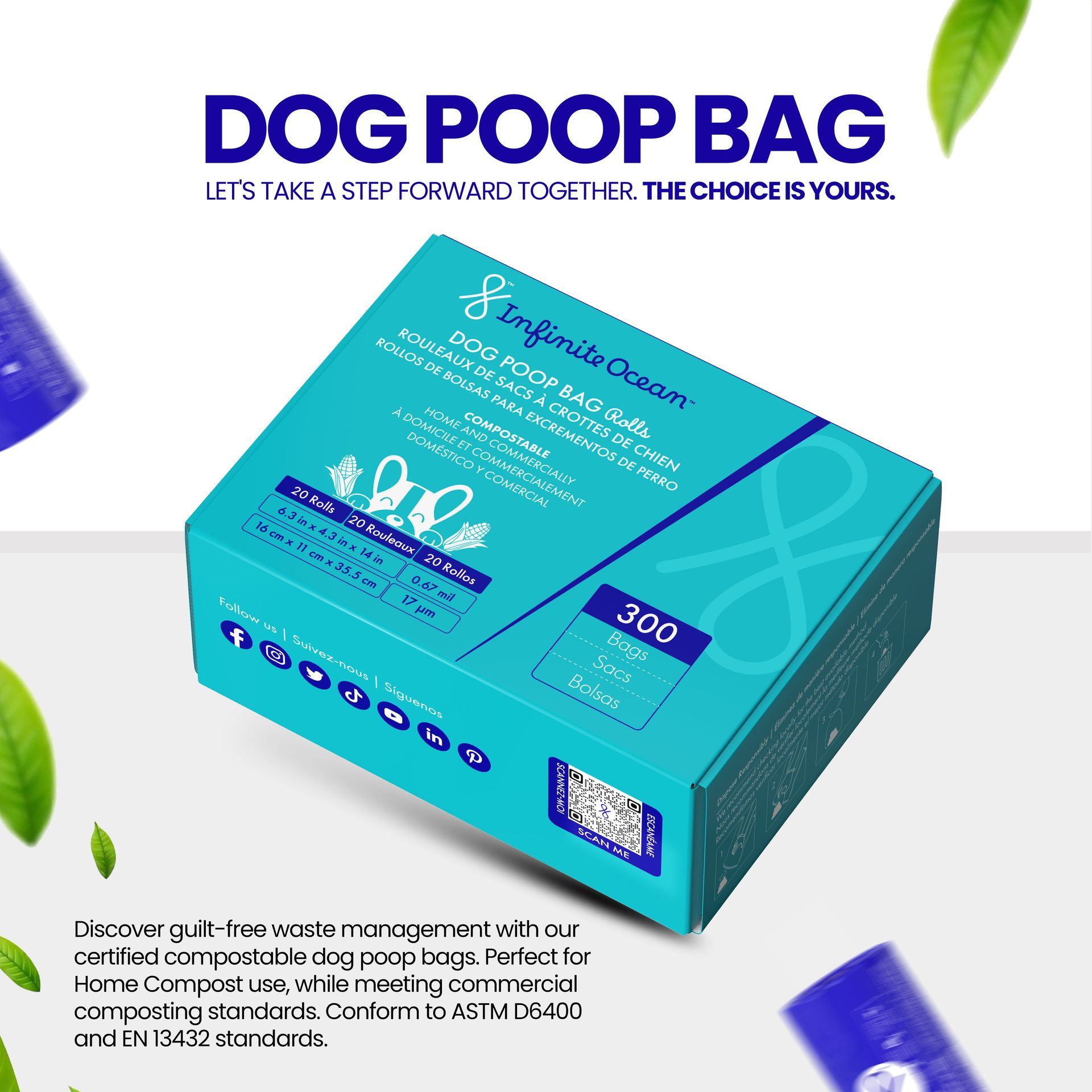 Infinite Ocean Home Compostable Dog Poop Bag Rolls, Tie-Handle, Leak & Odor-Proof Extra-Thick Blue Refill Rolls, Unscented