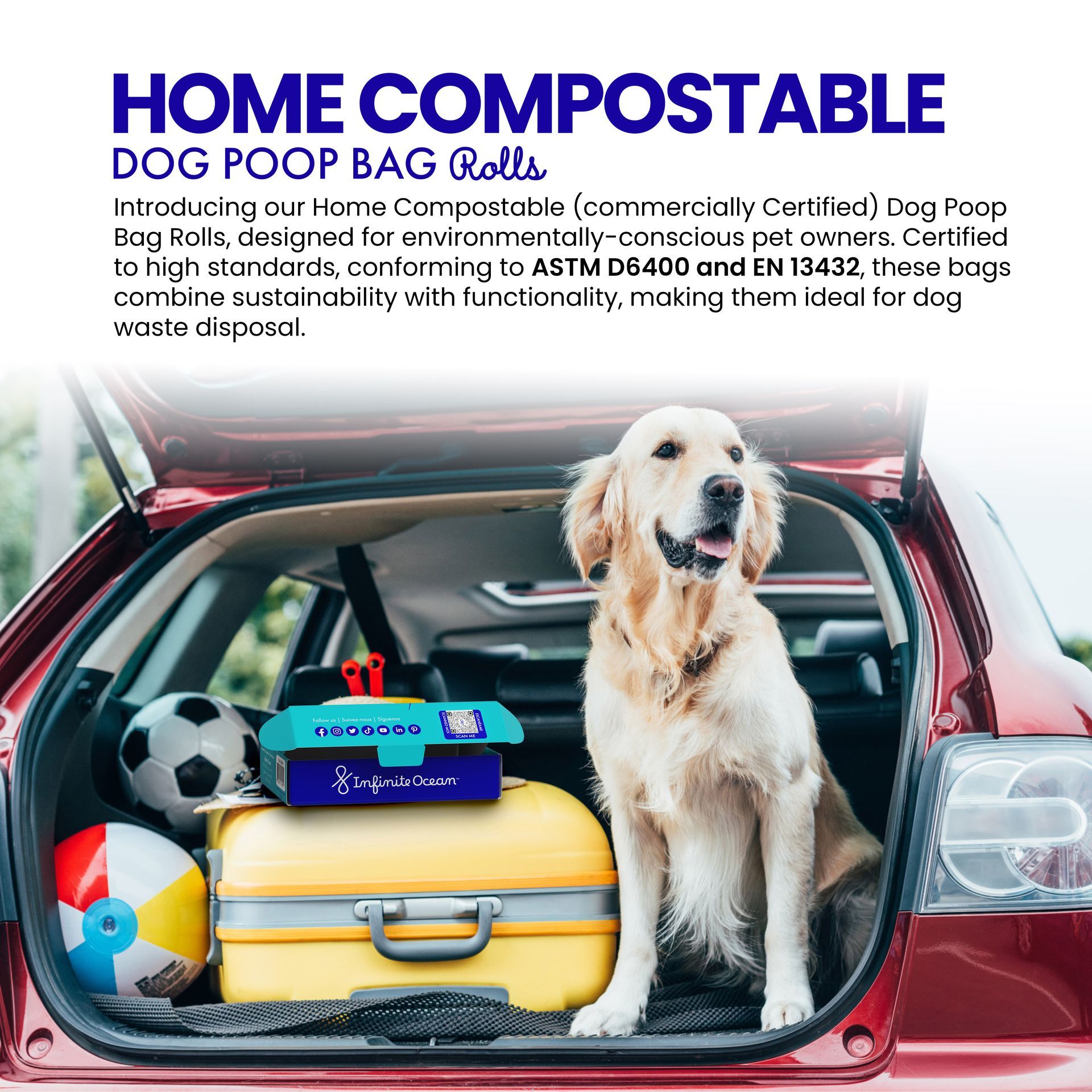 Infinite Ocean Home Compostable Dog Poop Bag Rolls, Tie-Handle, Leak & Odor-Proof Extra-Thick Blue Refill Rolls, Unscented