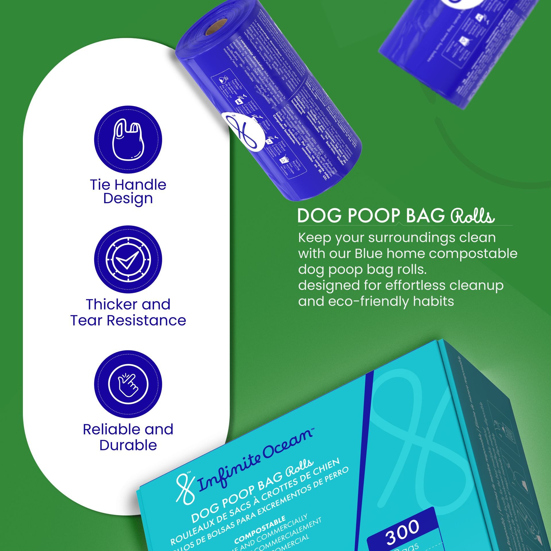 Infinite Ocean Home Compostable Dog Poop Bag Rolls, Tie-Handle, Leak & Odor-Proof Extra-Thick Blue Refill Rolls, Unscented