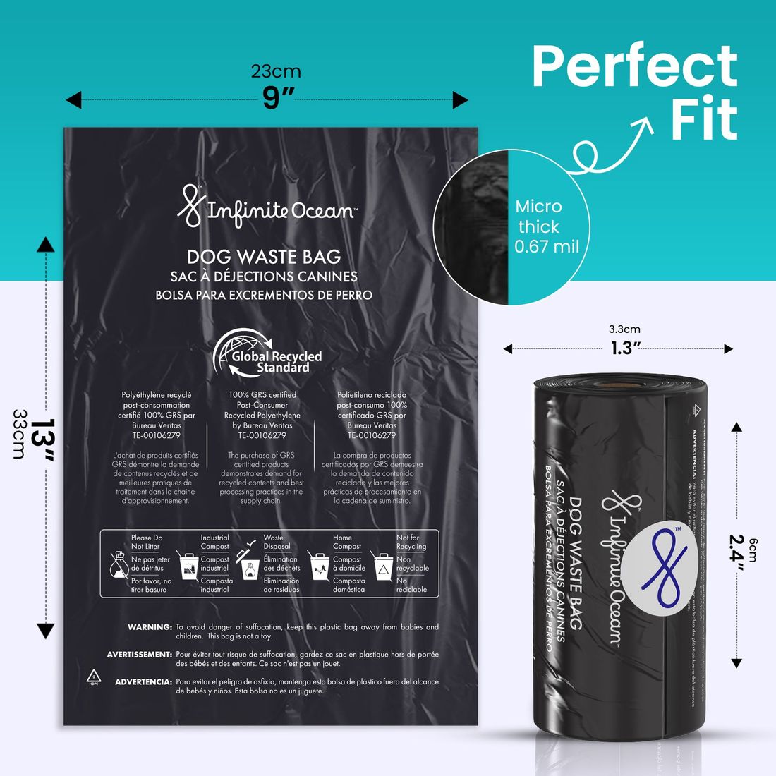 Infinite Ocean Dog Waste Bag, 100% Post-Consumer Recycled Poop Bags, Leak & Odor-Proof Extra-Thick Black Rolls, Unscented