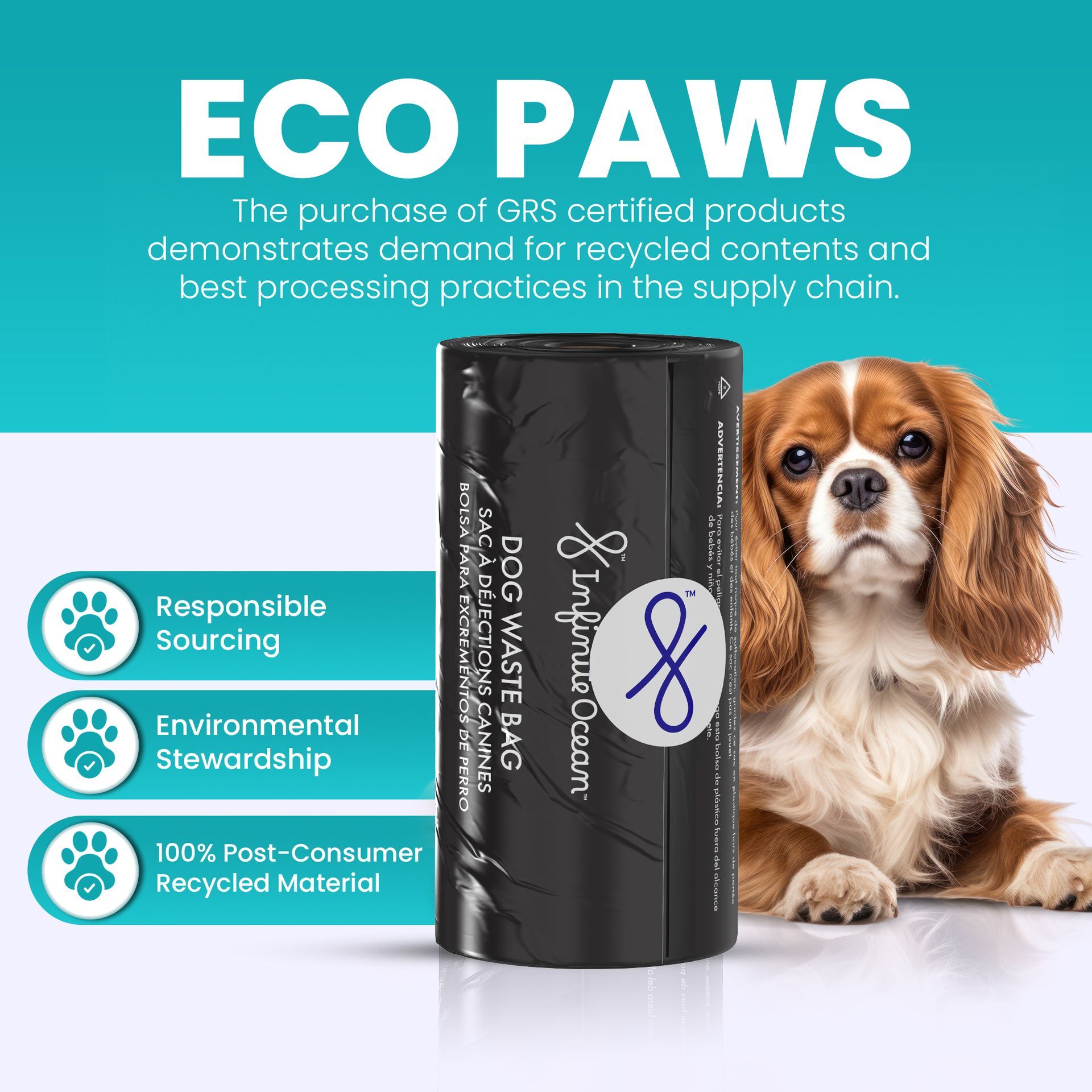 Infinite Ocean Dog Waste Bag, 100% Post-Consumer Recycled Poop Bags, Leak & Odor-Proof Extra-Thick Black Rolls, Unscented