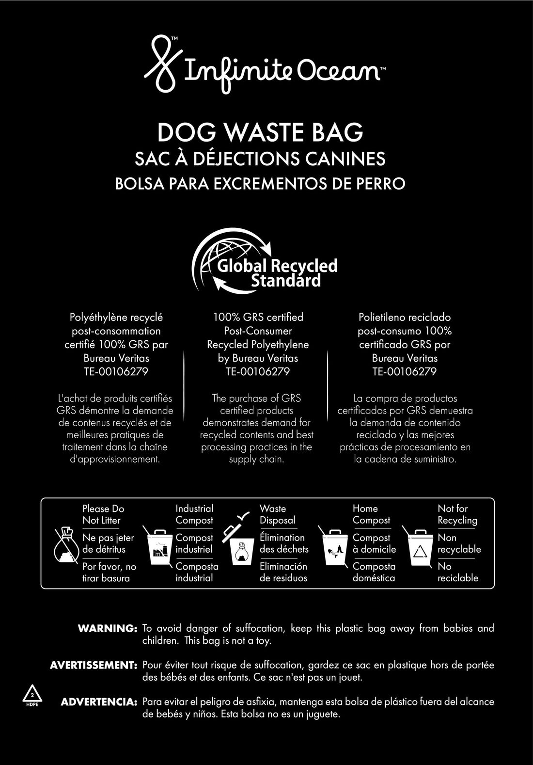 Infinite Ocean Dog Waste Bag, 100% Post-Consumer Recycled Poop Bags, Leak & Odor-Proof Extra-Thick Black Rolls, Unscented