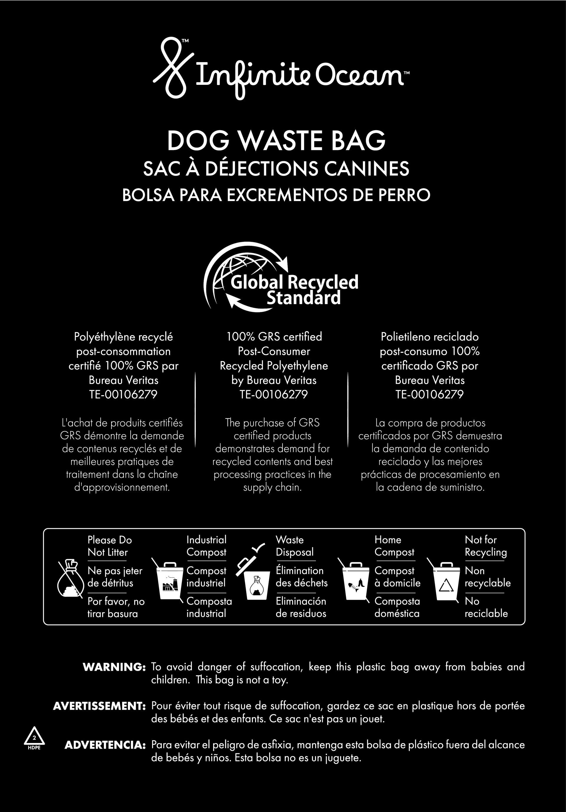 Infinite Ocean Dog Waste Bag, 100% Post-Consumer Recycled Poop Bags, Leak & Odor-Proof Extra-Thick Black Rolls, Unscented