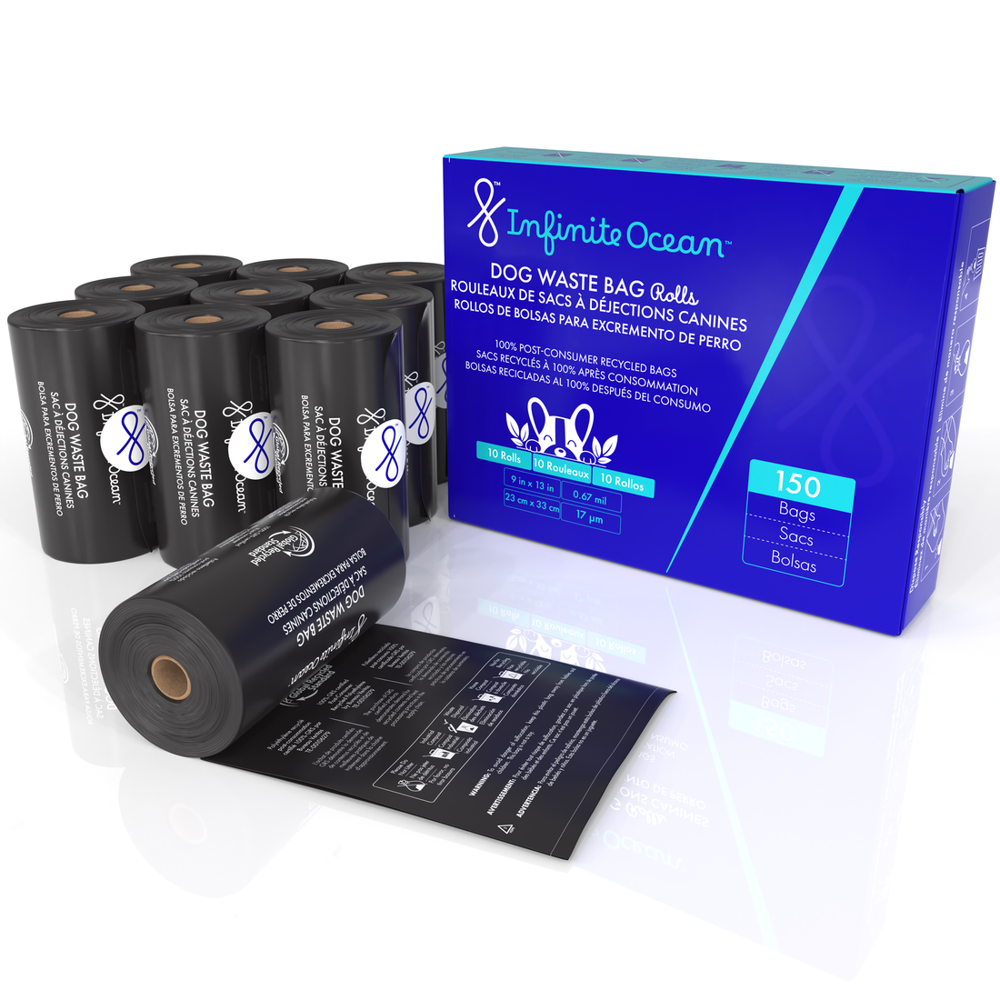 Infinite Ocean Dog Waste Bag, 100% Post-Consumer Recycled Poop Bags, Leak & Odor-Proof Extra-Thick Black Rolls, Unscented