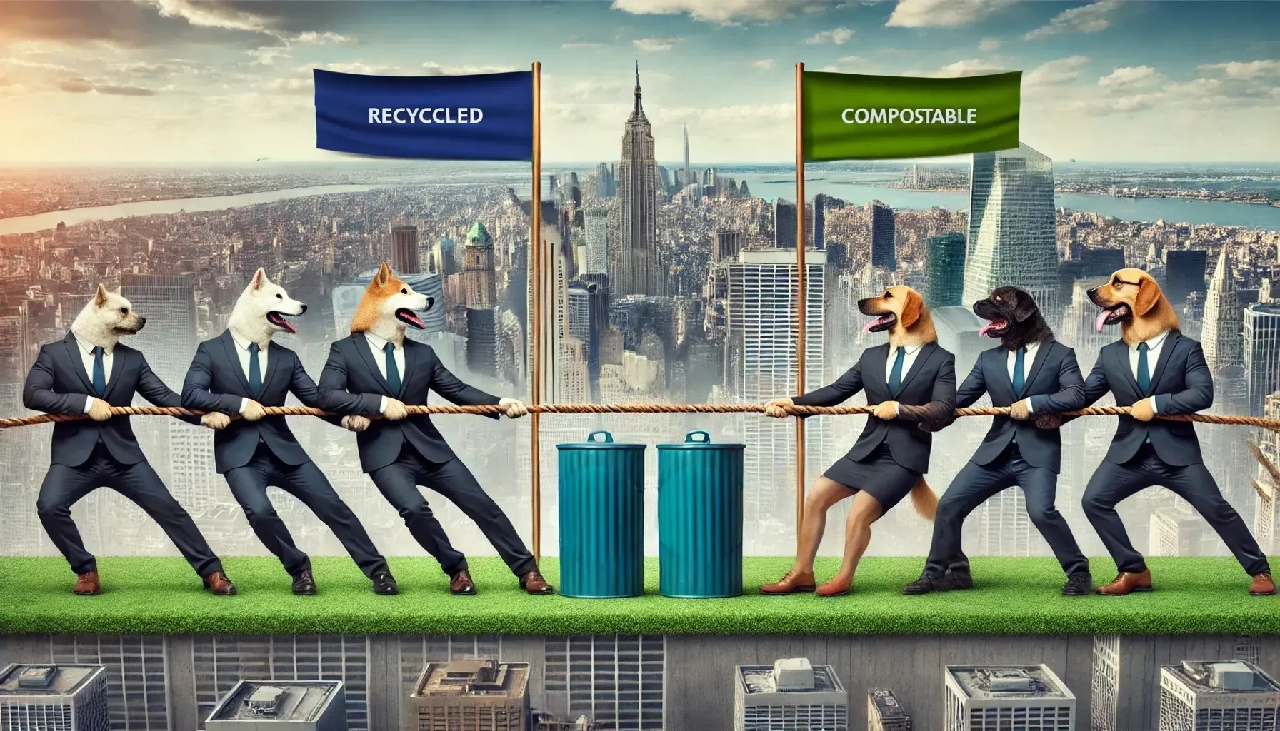 illustration of dogs dressed in business suits playing tug-of-war over recycling and composting bins
