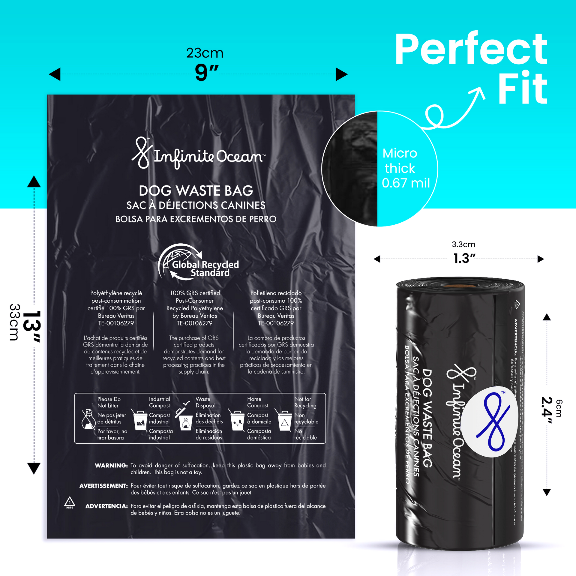 Infinite Ocean Dog Waste Bag, 100% Post-Consumer Recycled Poop Bags, Leak & Odor-Proof Extra-Thick Black Rolls, Unscented