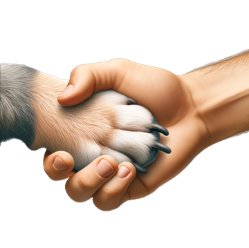 Close-up of a human hand gently holding a dog's paw, symbolizing a bond between pet and owner