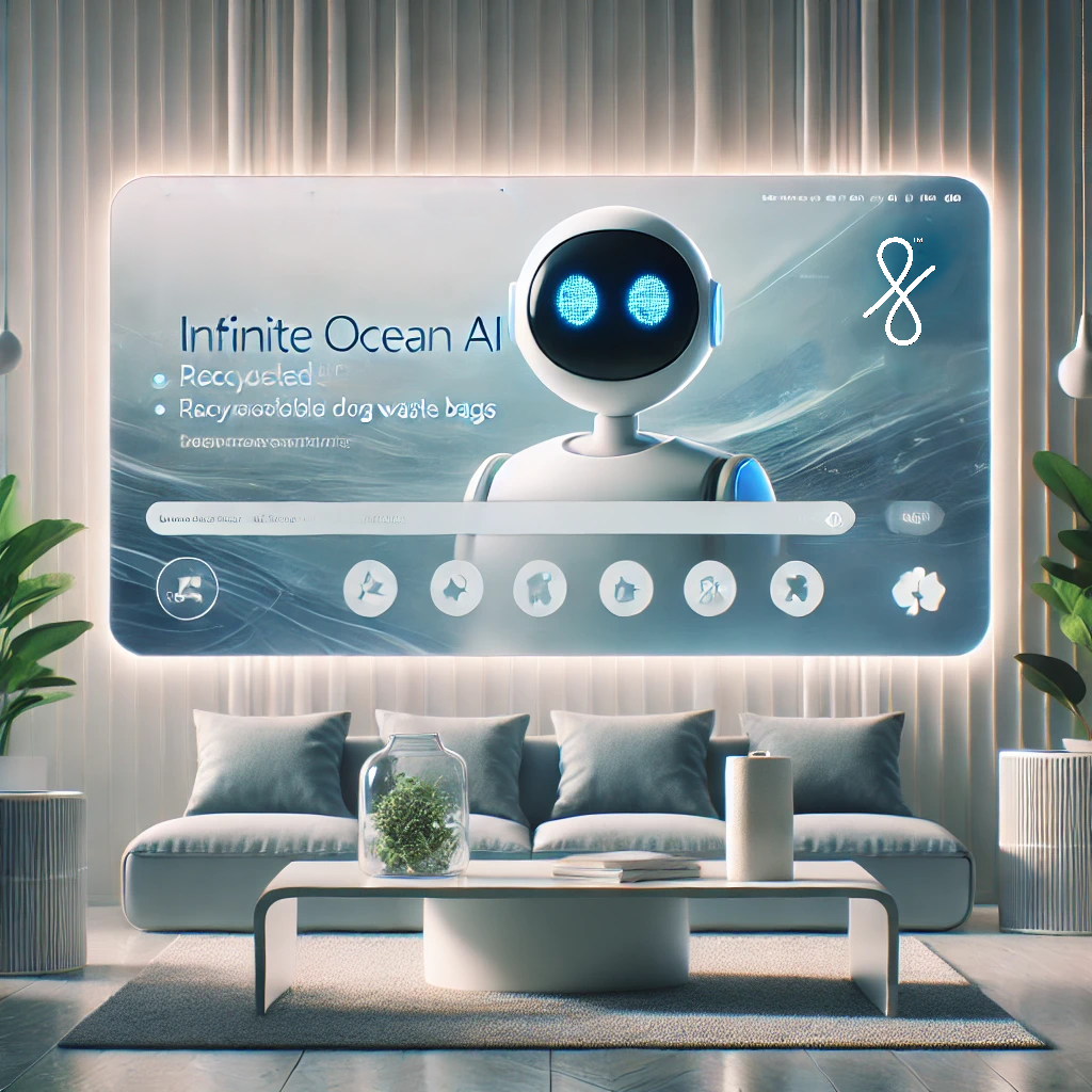 A living room with a couch and a table and a large screen that says infinite ocean al