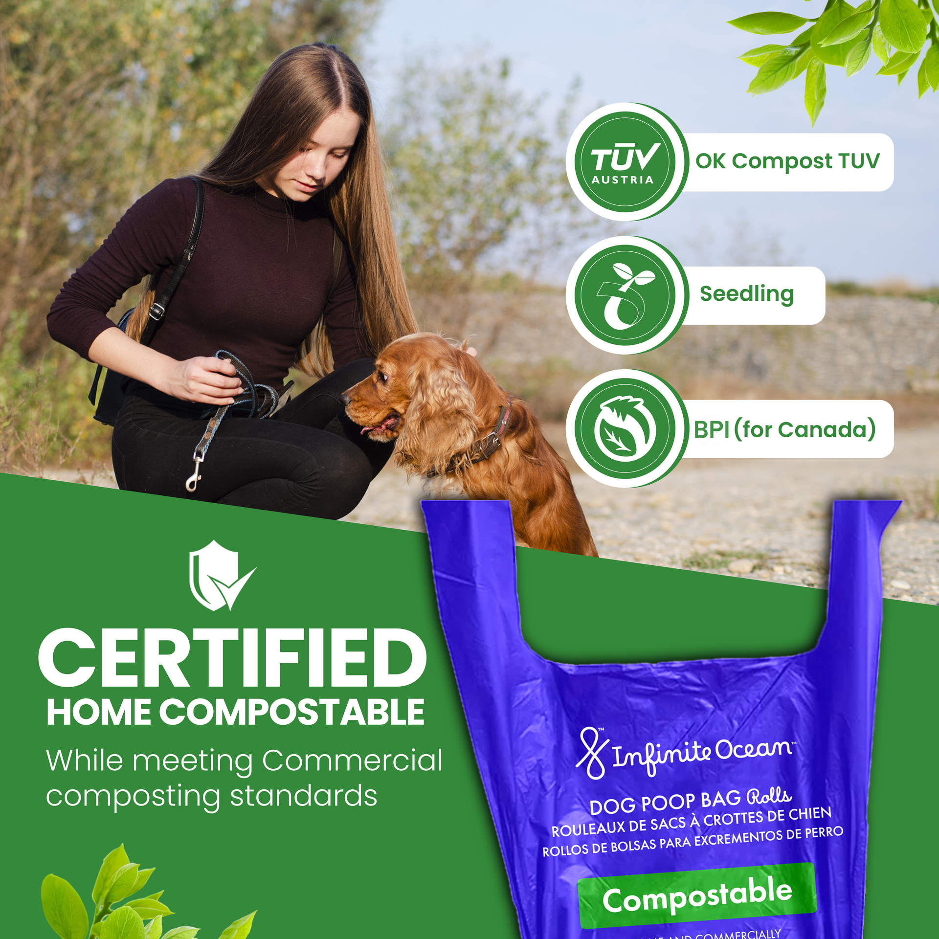 Infinite Ocean Home Compostable Dog Poop Bag Rolls, Tie-Handle, Leak & Odor-Proof Extra-Thick Blue Refill Rolls, Unscented