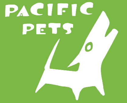 A logo for pacific pets with a white dog on a green background