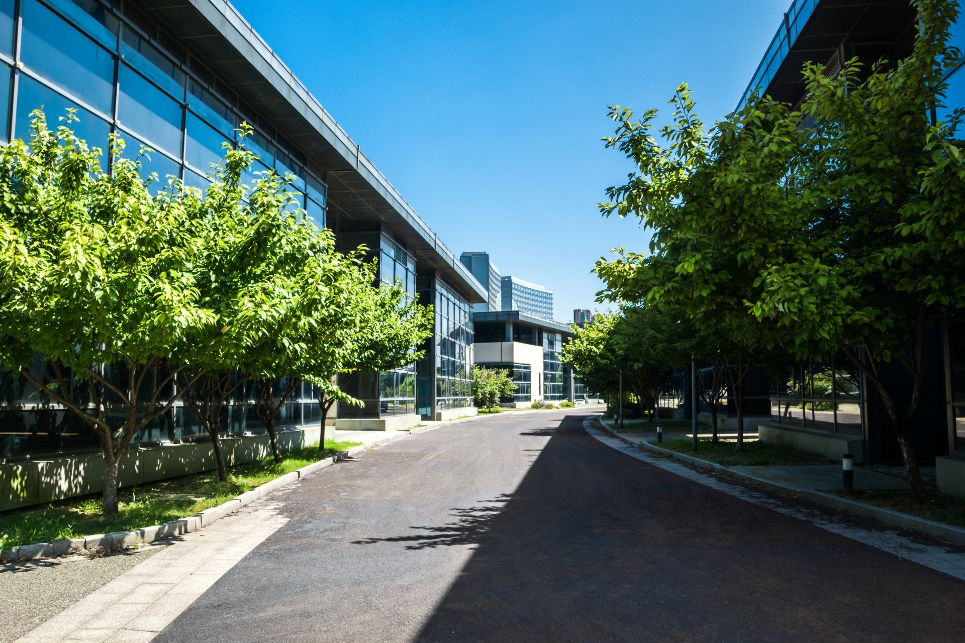 Exterior view of a sleek, modern small office building with clean lines, large glass windows, and a minimalist design, nestled amidst green landscaping.