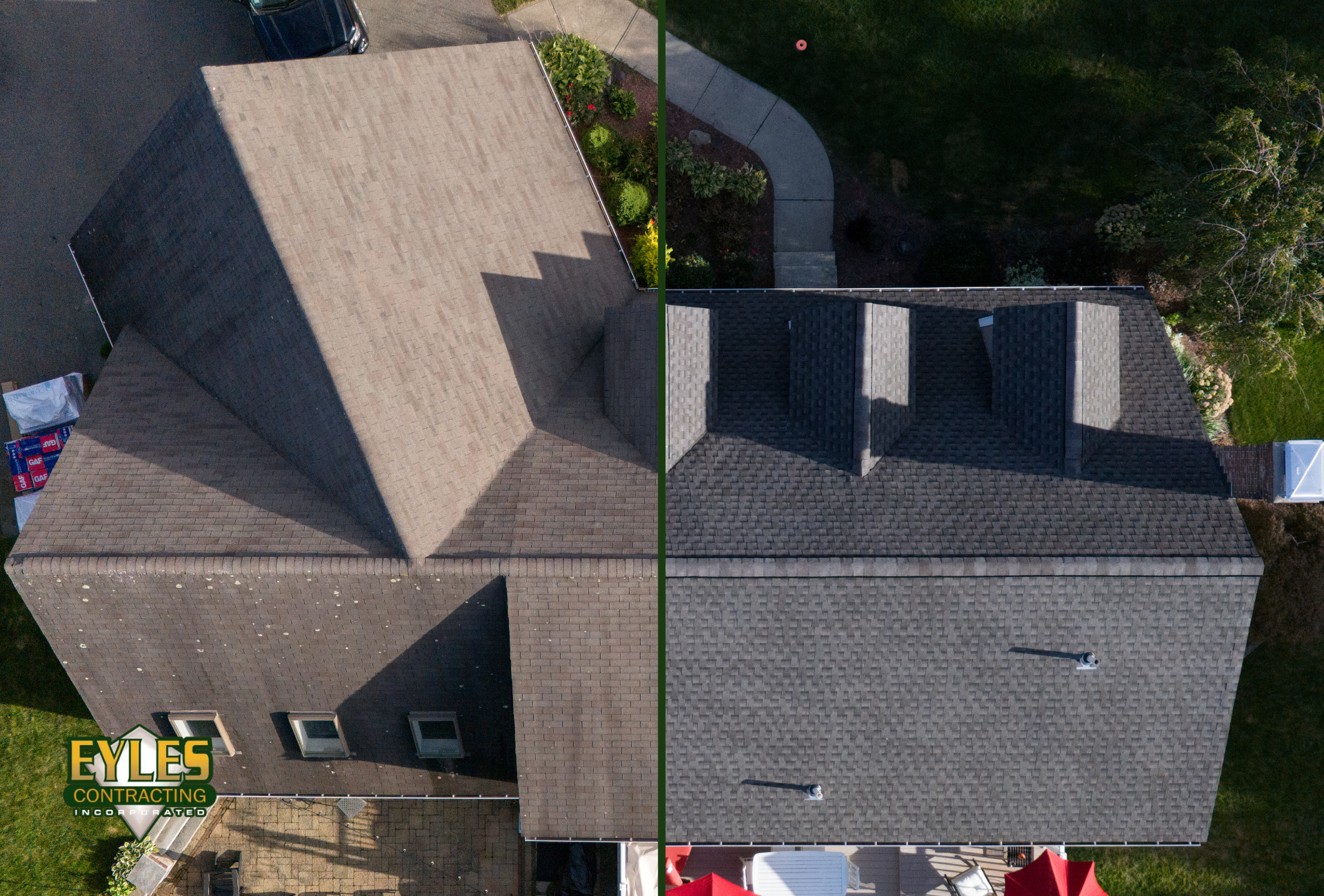 Side-by-side comparison of a worn, aging shingle roof and a newly installed shingle roof. 