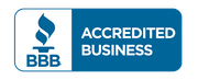 A blue and white badge that says accredited business
