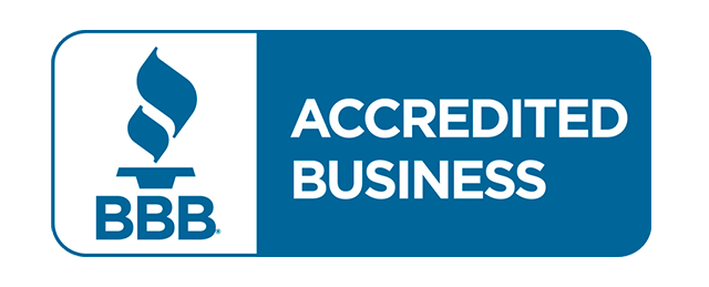 A blue and white badge that says accredited business