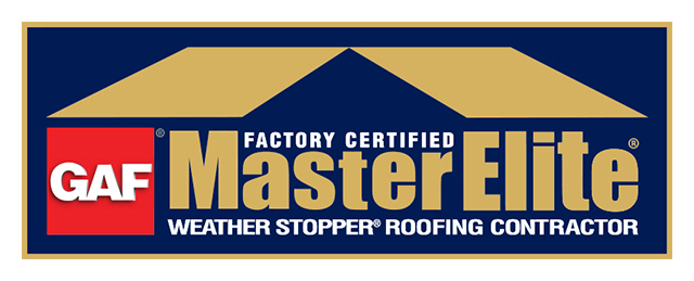 A logo for a factory certified master elite weather stopper roofing contractor
