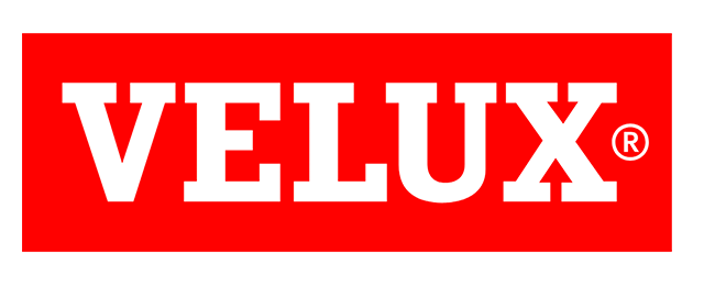A red and white velux logo on a white background