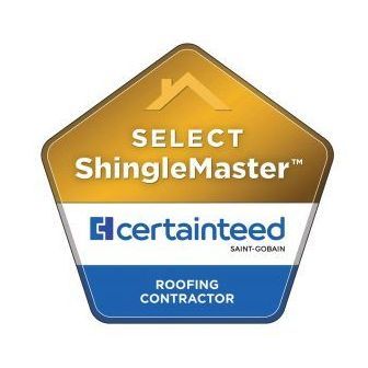A master shingle applicator logo that is blue and black