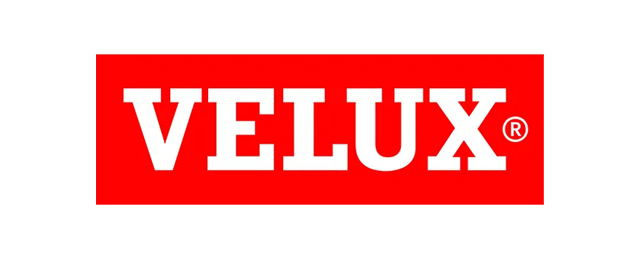 A red and white velux logo on a white background