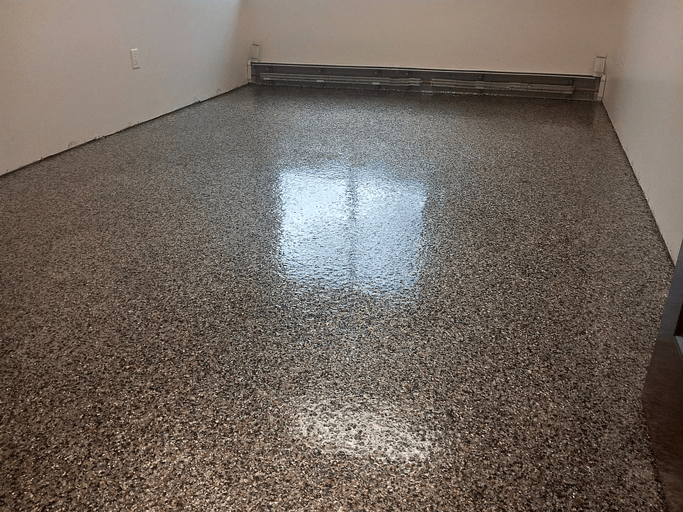 a room with a shiny floor and a window .