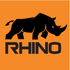 A black rhino on an orange background with the word rhino below it