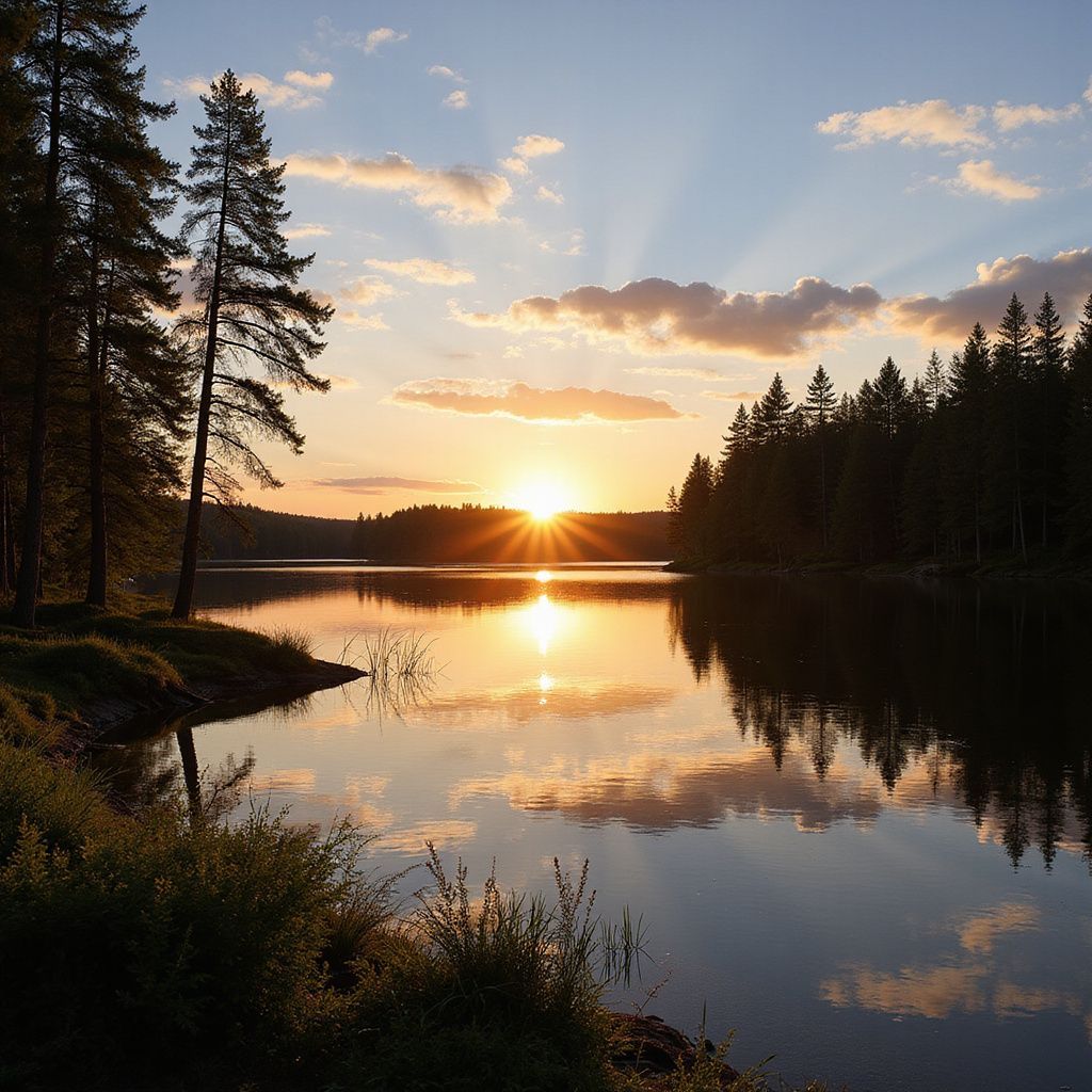 A lake scene with the sun setting and trees and clouds