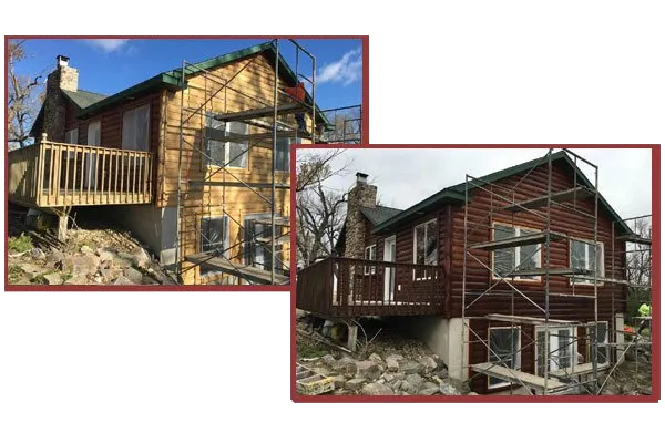 A before and after picture of a house with scaffolding around it