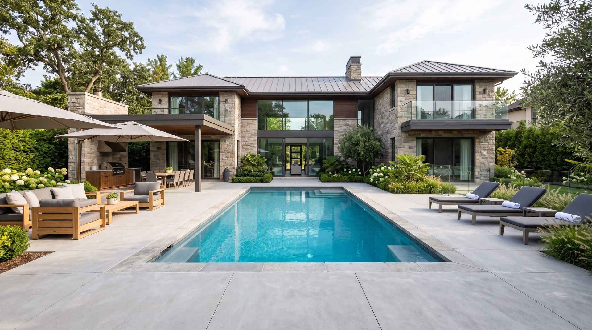 A luxurious house from the backyard with a brand new concrete deck around the pool.