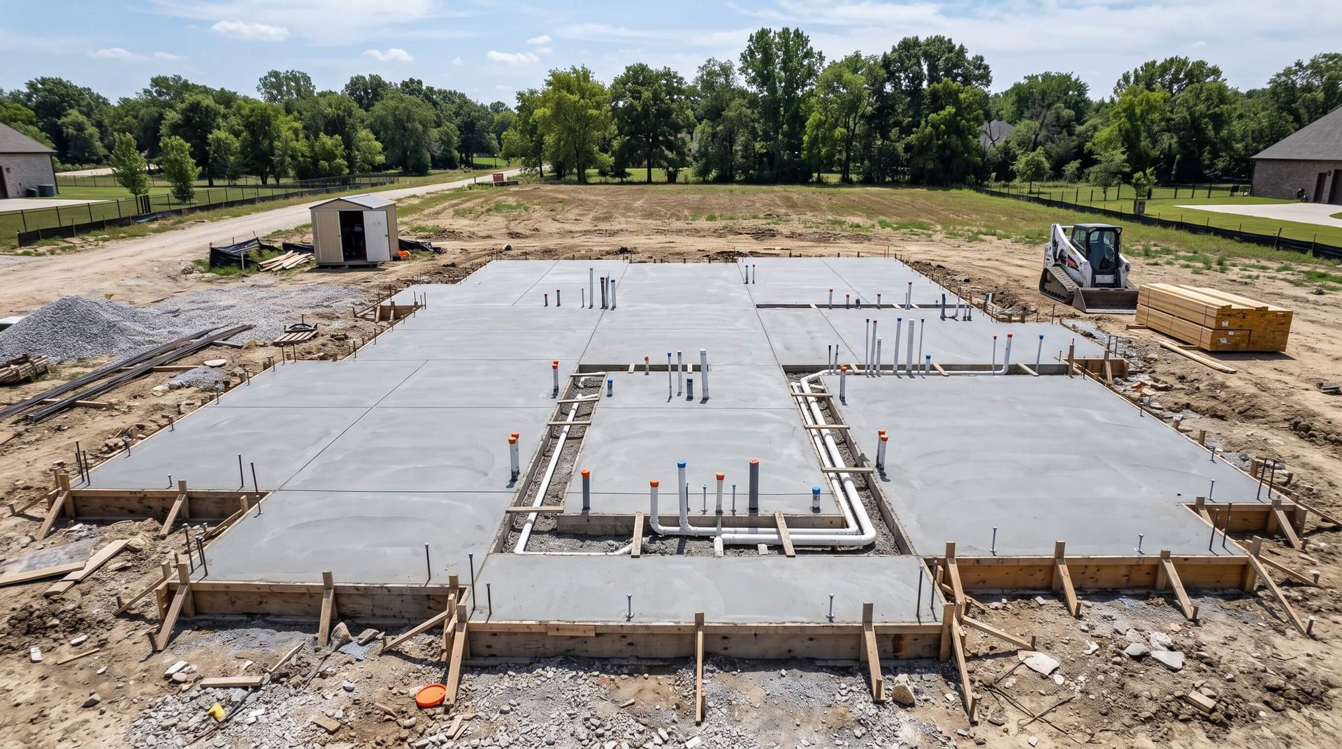 A new slab foundation that’s outfitted for a future large house.